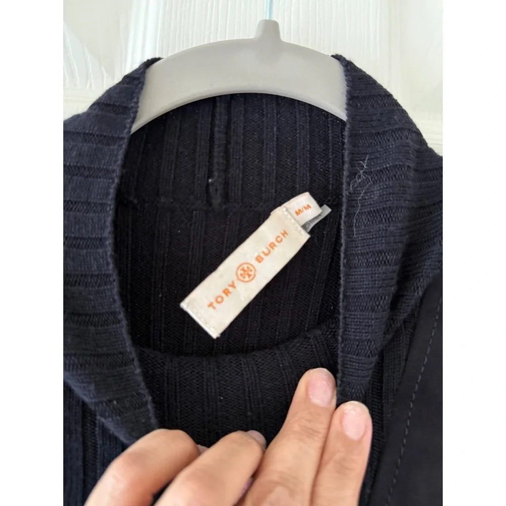Tory Burch Molly Leather Front Merino Wool Mock Neck Sweater Navy Women's Medium